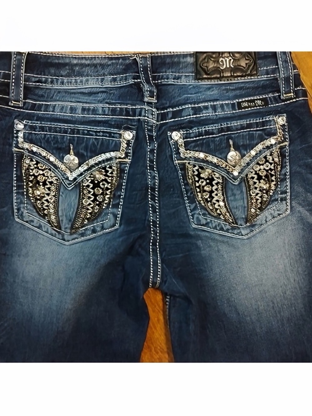 Gorgeous Miss Me Chloe Boot Jeans with Wing Embellished Pockets 34” Inseam
